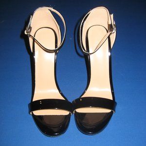 Vocosi Black Stiletto Sandals Size 7 Patent Open Toe Ankle Strap 4.5" Heel NIB